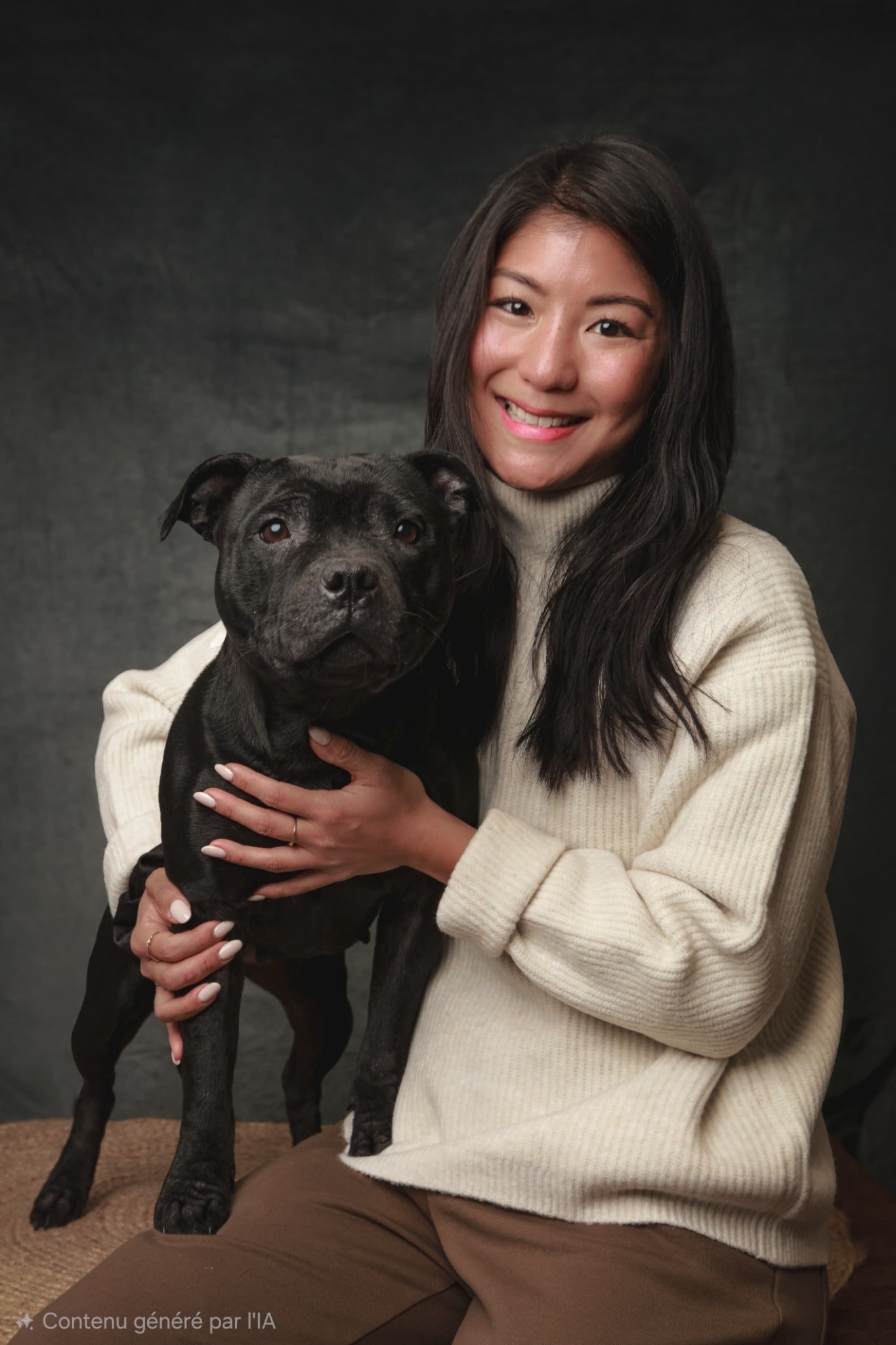 Portrait de Céline Lam avec sa chienne Taïga